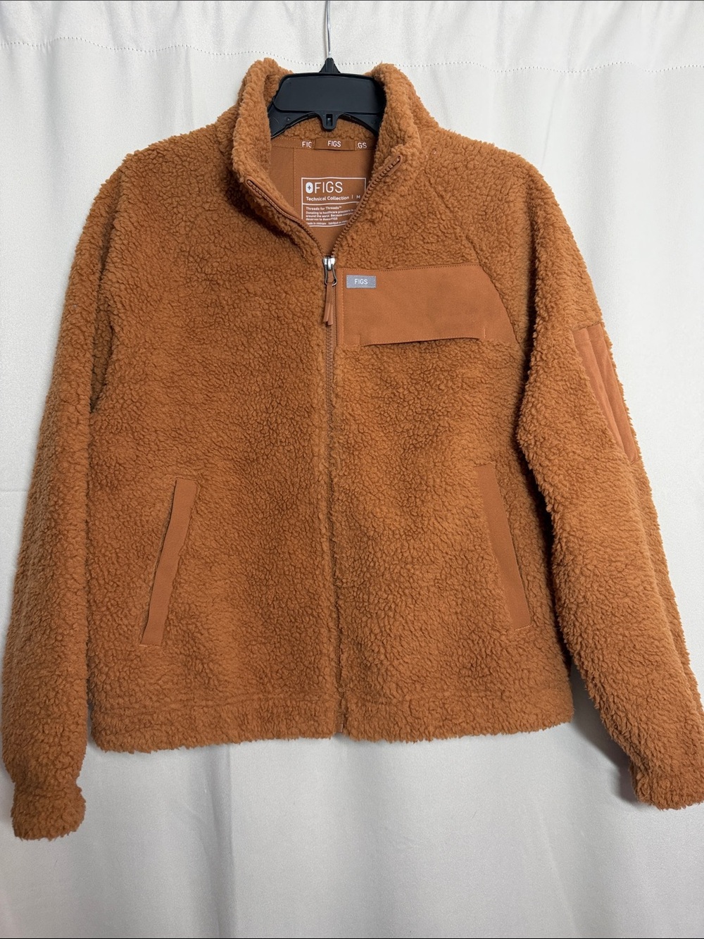 FIGS High Pile Sherpa Fleece Bomber Jacket Full Zip Mocha Brown Tan Medium